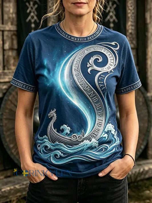 Dammens retro t-shirt med vikingamönster - som bild / S