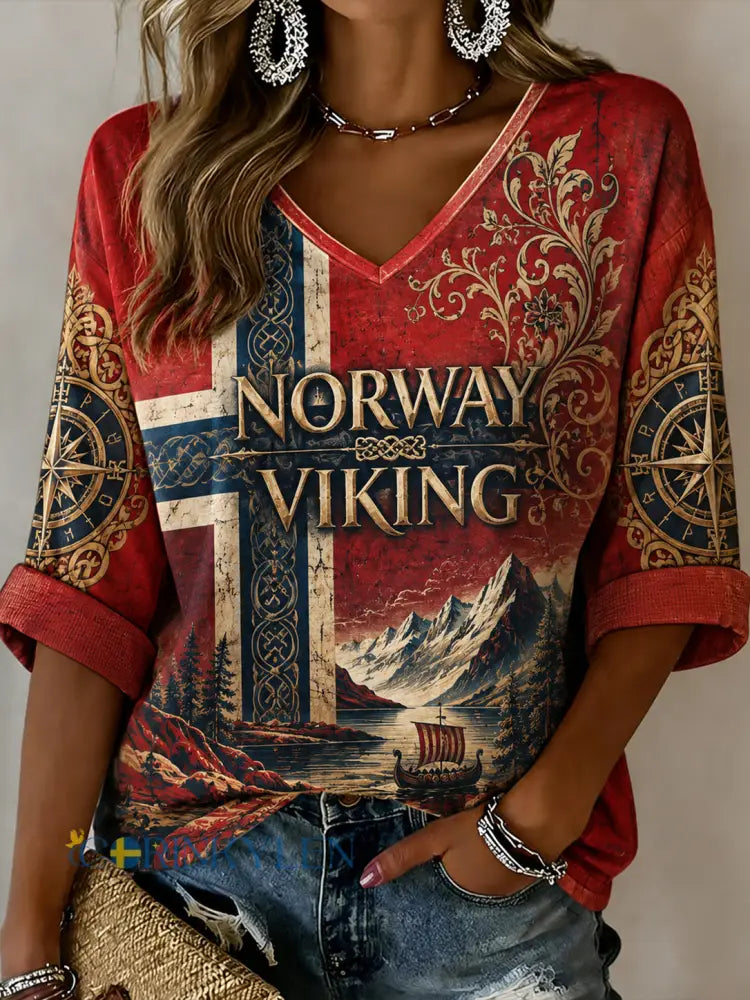 Dammens retrovikingelementtryck v-ringad topp - A / S