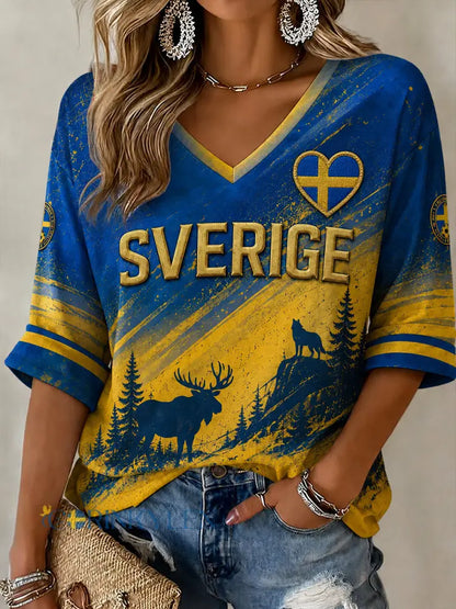 Dammens retrovikingiskt stilad vardagströja med märke med den svenska fotbollslaget flaggan - A / S