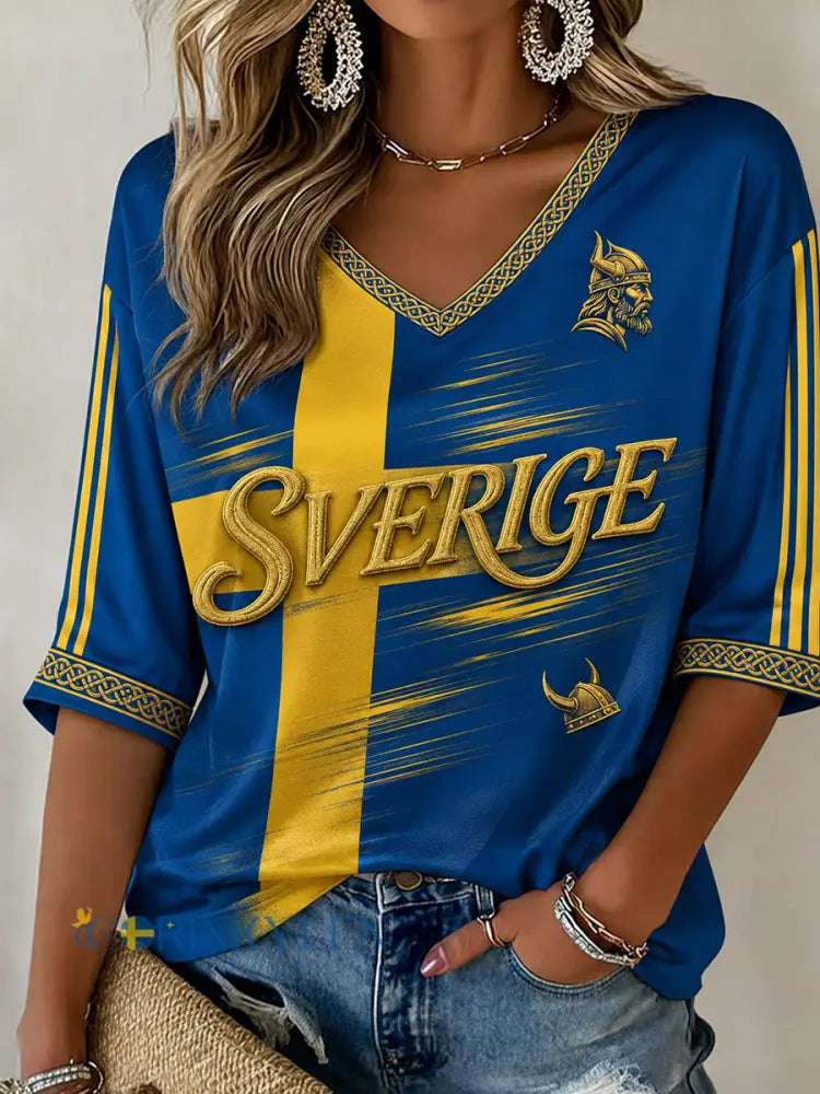 Dammens retrovikingiskt stilad vardagströja med märke med den svenska fotbollslaget flaggan - A / S