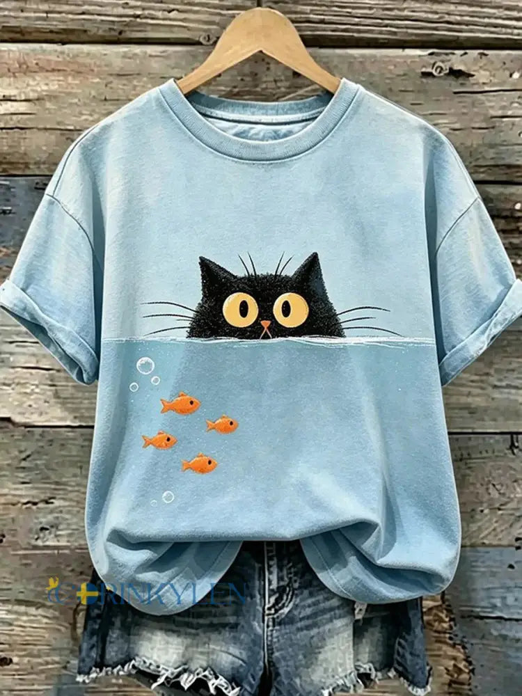 Dammens söta t-shirt med katttryck - som bild / S