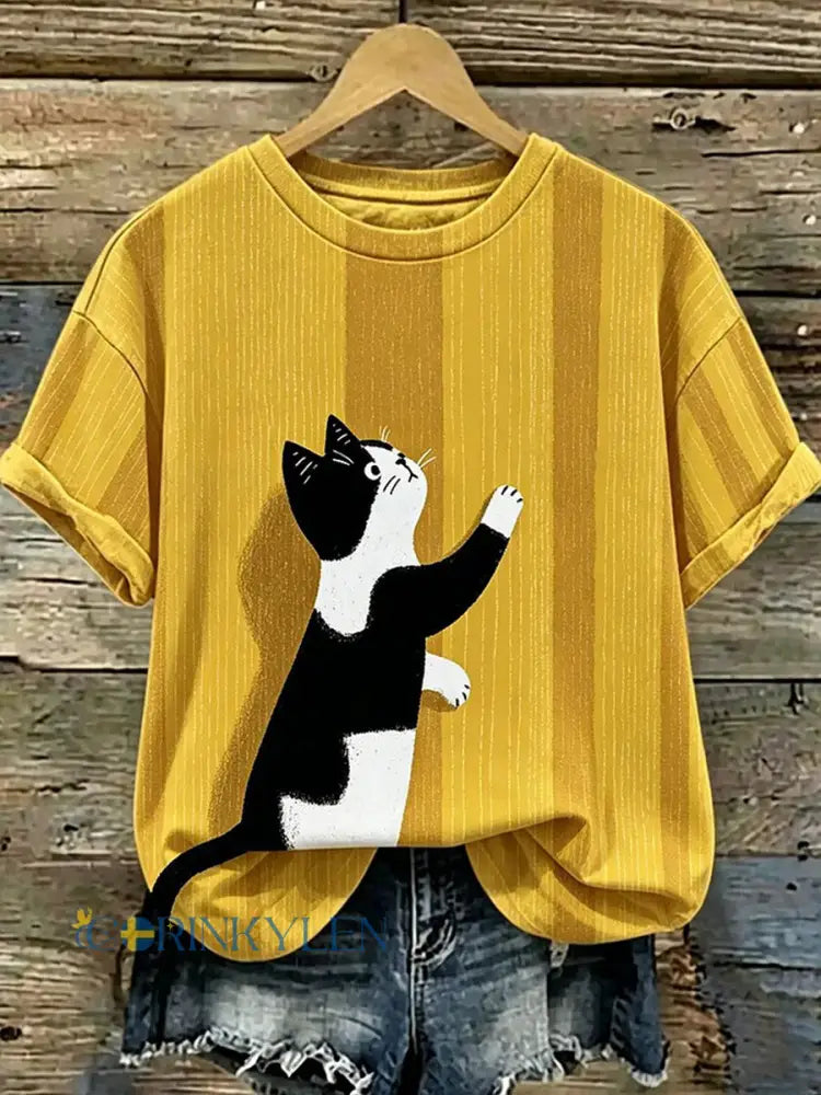 Dammens söta t-shirt med katttryck - som bild / S