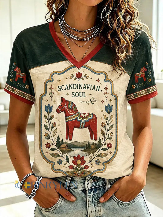 Dammens svenska dalahästtryckta t-shirt med v-ringning - som bild / S