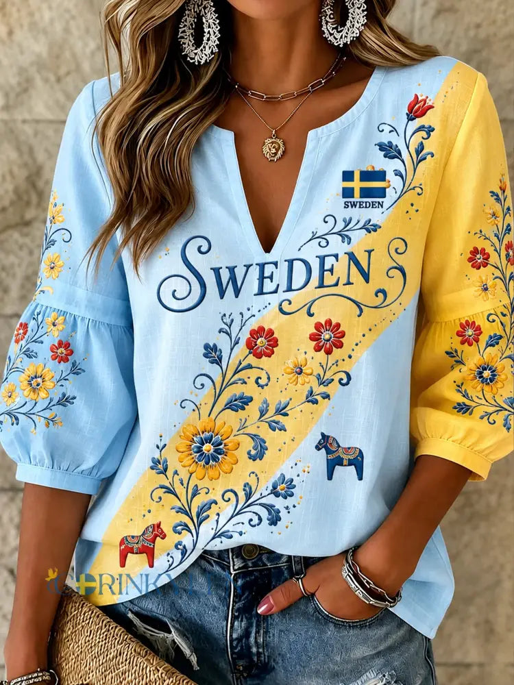Dammens svenska midsommarminneskonsttryck V-ringad topp - A / S