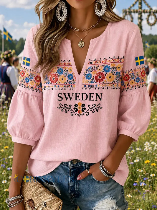 Dammens svenska midsommarminneskonsttryck V-ringad topp - A / S