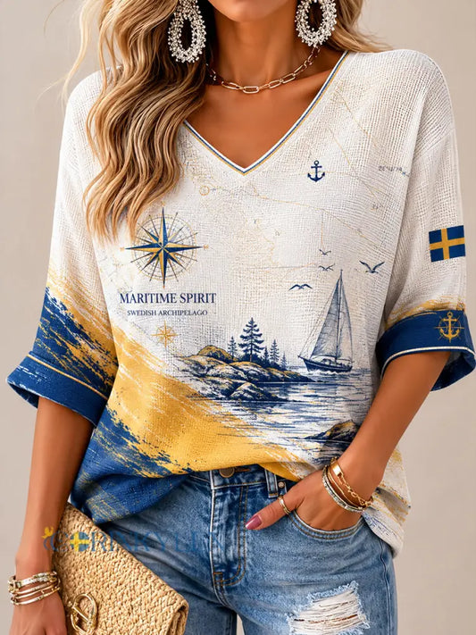 Dammens Svenska Skärgårdsprint Lässig T-shirt - som bild / S