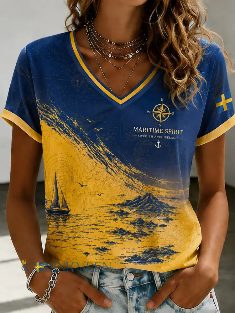 Dammens Svenska Skärgårdstäckta V-ringad T-shirt - som bild / S