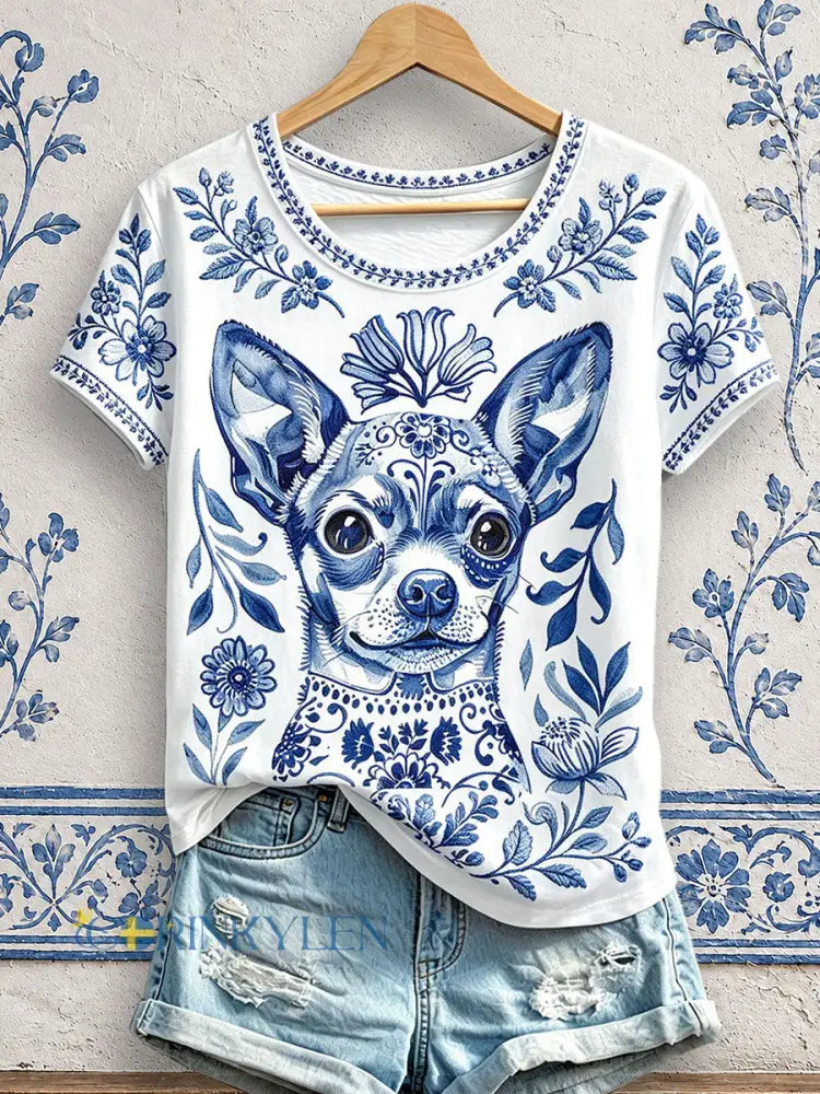 Dammens t-shirts med blommigt hundtryck - som bild / S