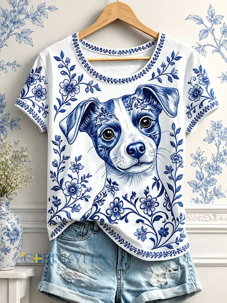 Dammens t-shirts med blommigt hundtryck - som bild / S
