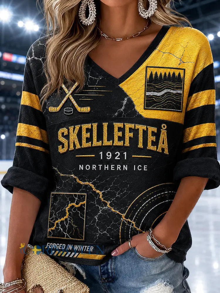 Dammens V-ringning halvlång ärm Skellefteå AIK tryckt vardagströja - svart- gul / S