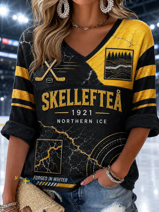 Dammens V-ringning halvlång ärm Skellefteå AIK tryckt vardagströja - svart- gul / S