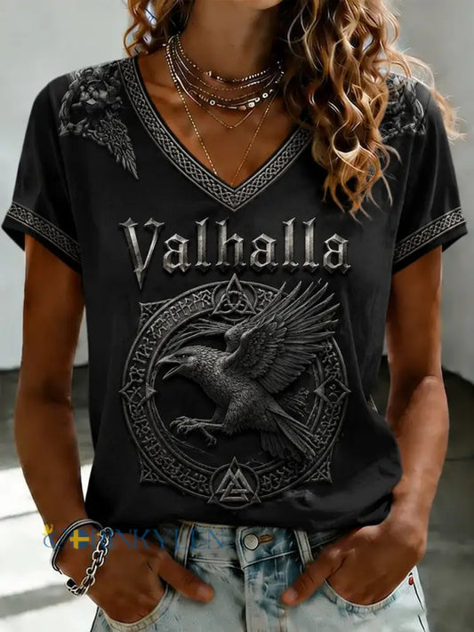Dammens Valhalla T-shirt med tryckt V-ringning - som bild / S