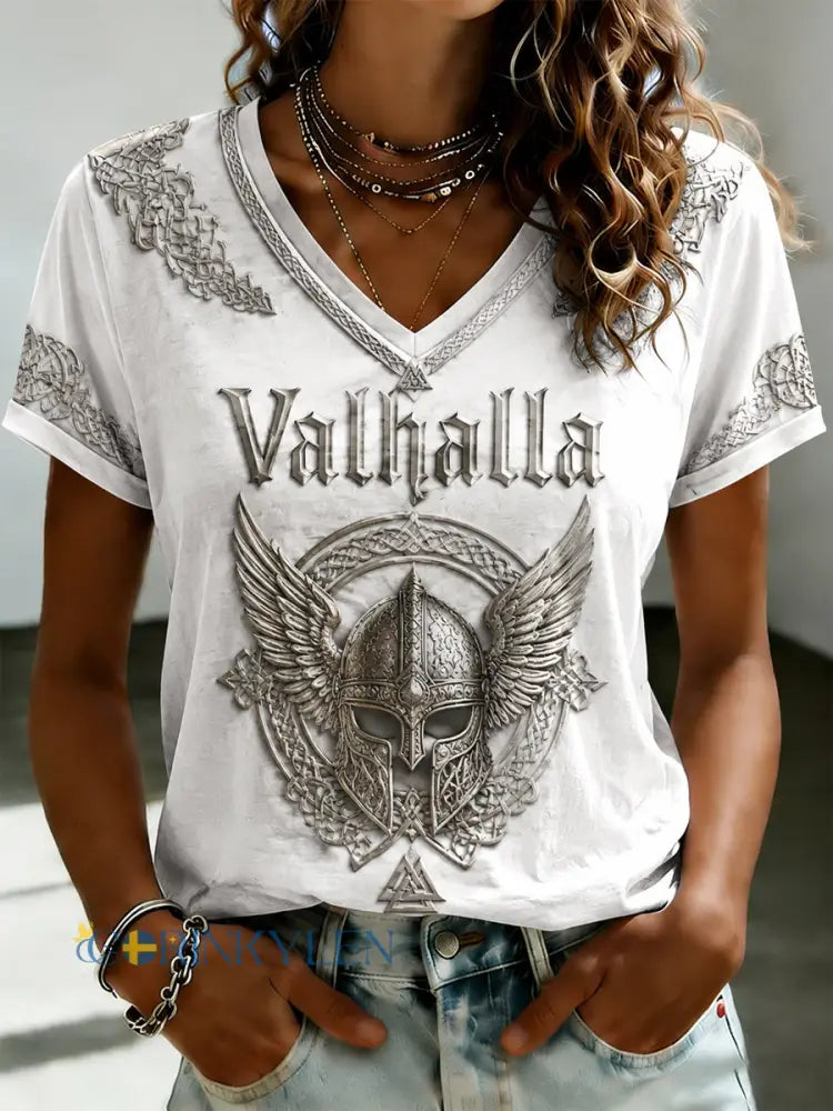 Dammens Valhalla T-shirt med tryckt V-ringning - som bild / S