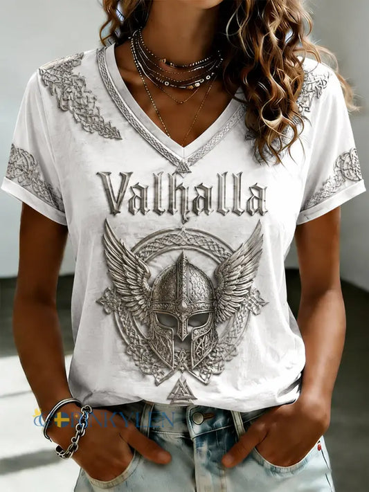 Dammens Valhalla T-shirt med tryckt V-ringning - som bild / S