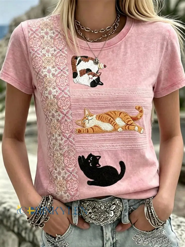 Dammkläder Blommor och katter T-shirt med kort ärm - som bild / S