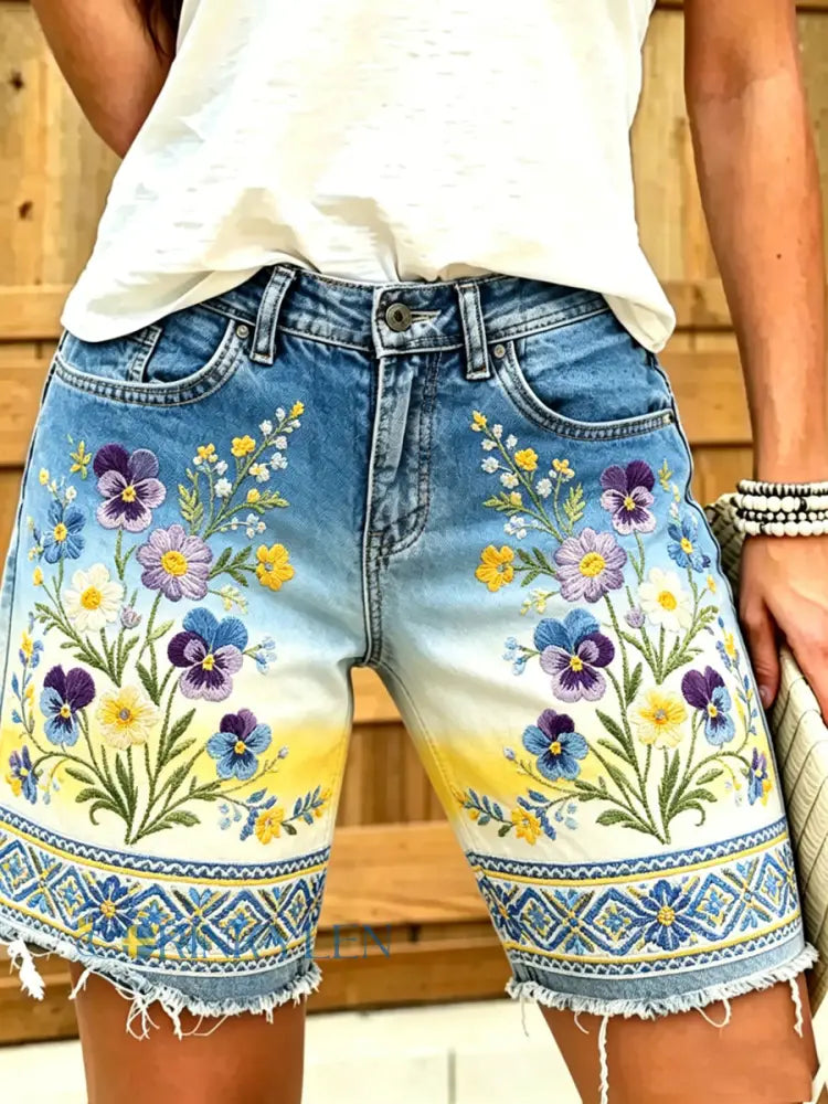 Dammkläder i bomull och linne med blommönster för kvinnor - blå / S