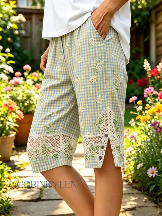 Dammkläder i bomull och linne med blommönster för kvinnor - grönt / S