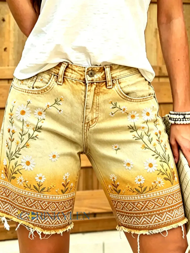 Dammkläder i bomull och linne med blommönster för kvinnor - gul / S