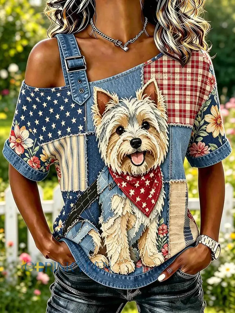 Dammode avslappnad t-shirt med hundmönster - som bild / S