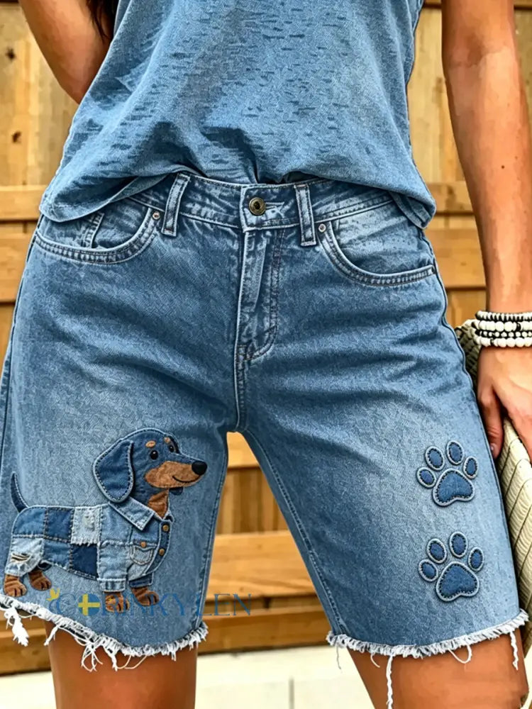 Dammode djurhundkonst tryckt korta jeans - blå / S