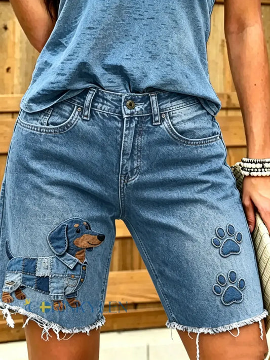 Dammode djurhundkonst tryckt korta jeans - blå / S