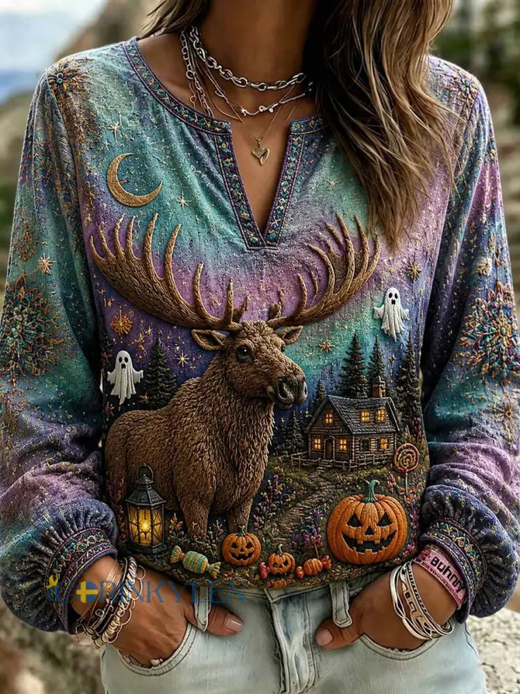 Dammode Halloween T-shirt med renmönster - som bild / S
