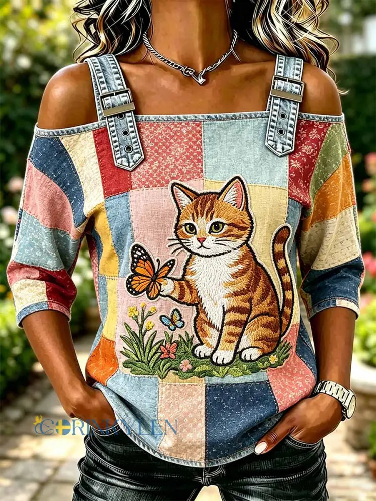 Dammode T-shirt med djurmotiv och konstmönster - som bild / S