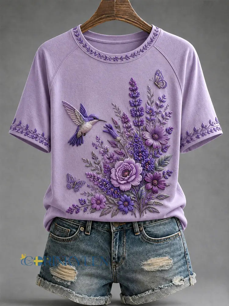 Dammössa i lila med blommor och kolibri – tröja till stöd för Alzheimersmedvetenhet - lavendel / S