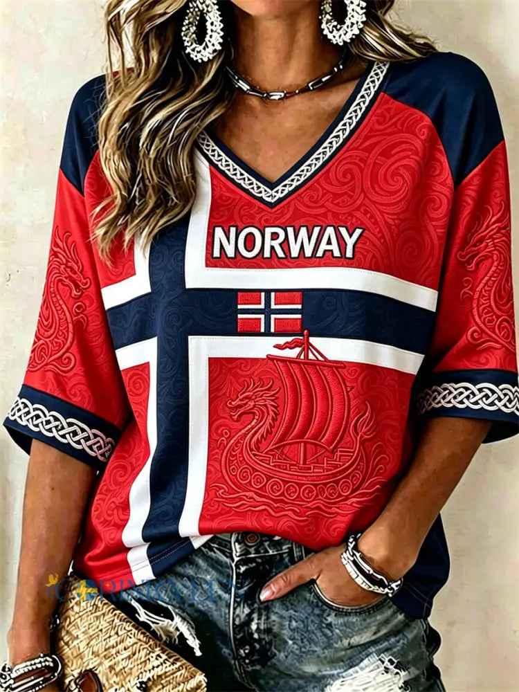 Dammössa med nordisk vikingaskepp keltisk knut och flaggtryck middlångärmad t-shirt med V-ringning - röd / S
