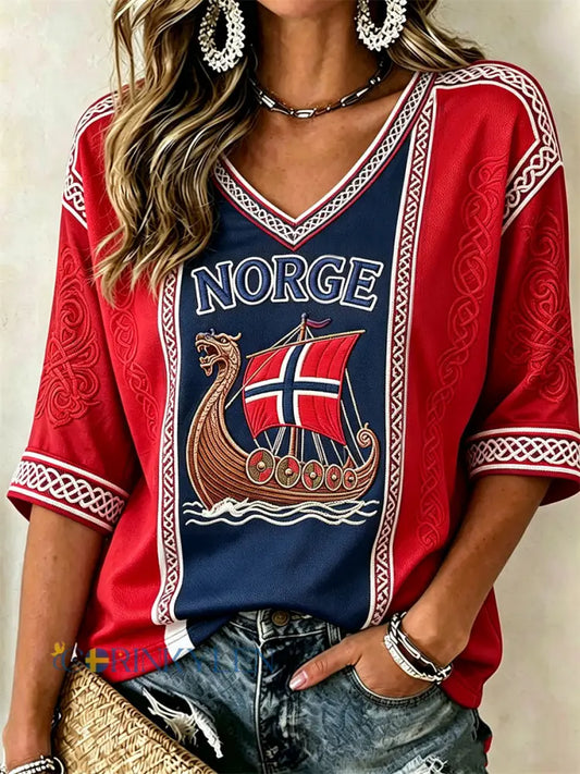 Dammössa med nordisk vikingaskepp keltisk knut och flaggtryck middlångärmad t-shirt med V-ringning - röd / S