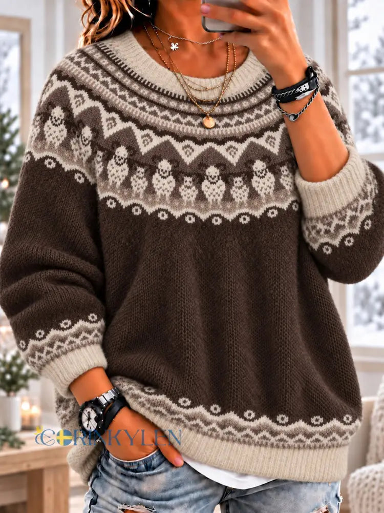 Dammtröja i Fair-Isle-stil med fårtryck långärmad och rund hals - som bild / S