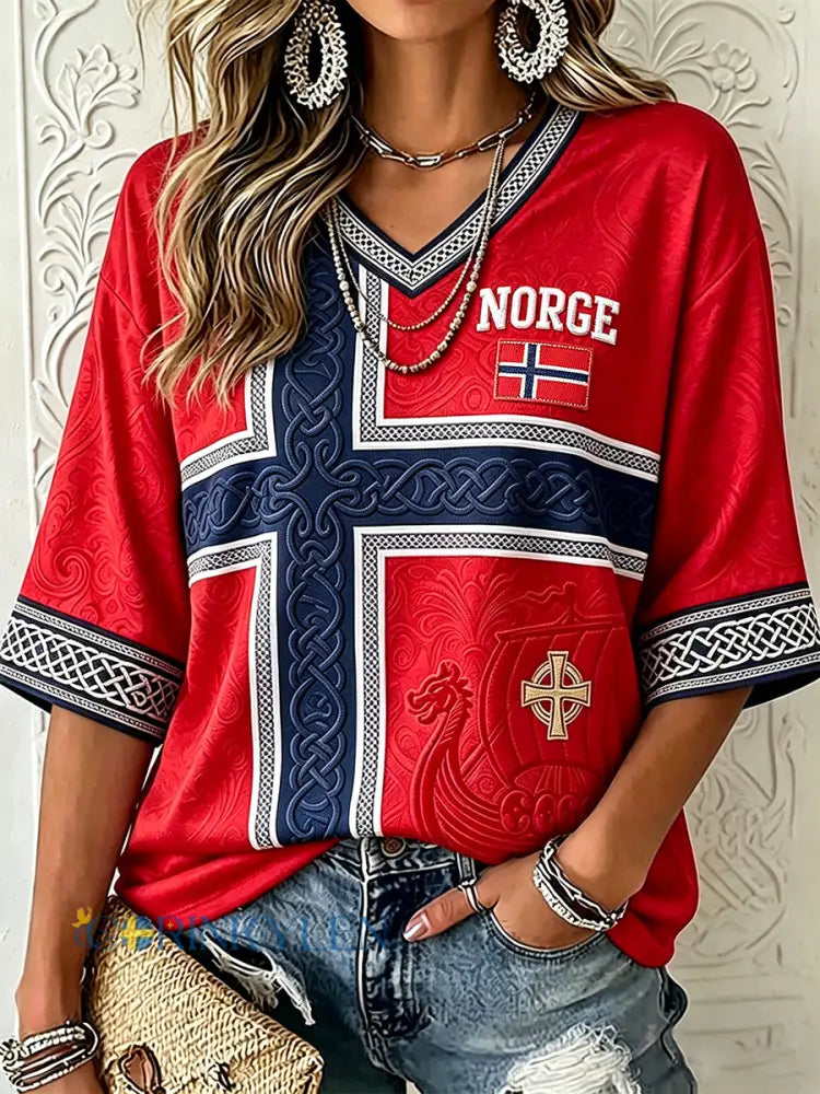 Dammtröja i norsk vikingstil med keltisk flaggmönster halvlånga ärmar och V-ringning - röd / S