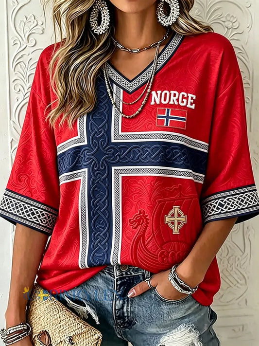 Dammtröja i norsk vikingstil med keltisk flaggmönster halvlånga ärmar och V-ringning - röd / S