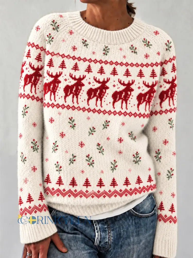 Dammtröja med lång ärm och rund halsringning mönstrad i Fair Isle-stil med snöiga renar - som bild / S