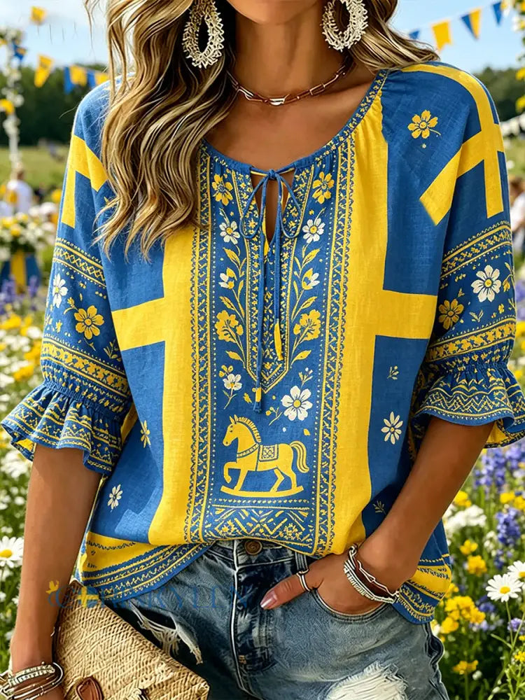 Dammtröja med midsommarmotiv och v-ringning - A / S