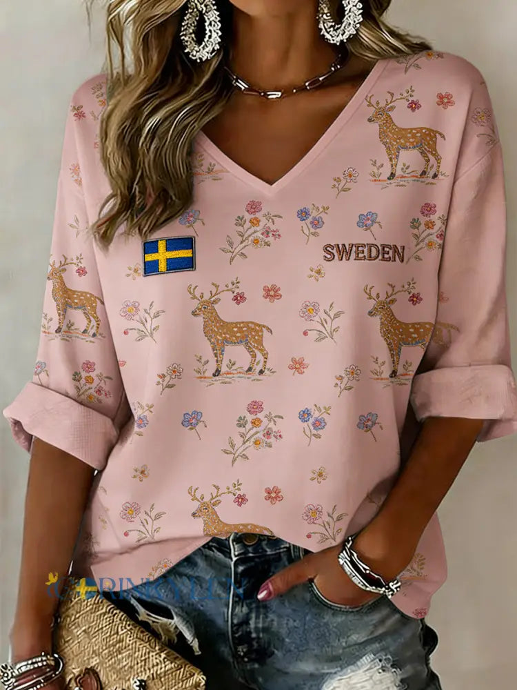 Dammtröja med V-ringning och blom- och djurmönster - A / S