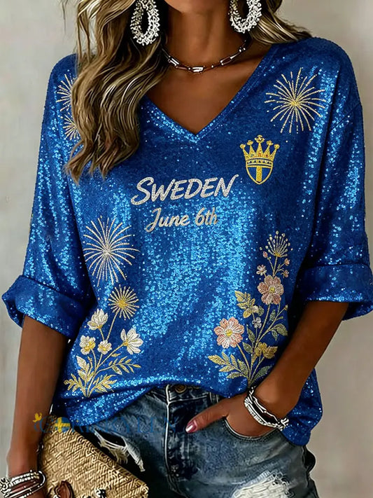 Dammtröja med V-ringning och paljetter i blommönster - A / S