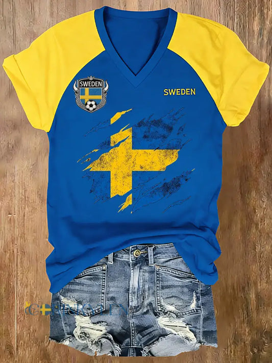 Dammtröja med V-ringning och raglanärmar inspirerad av fotboll med färgblockering - A / S