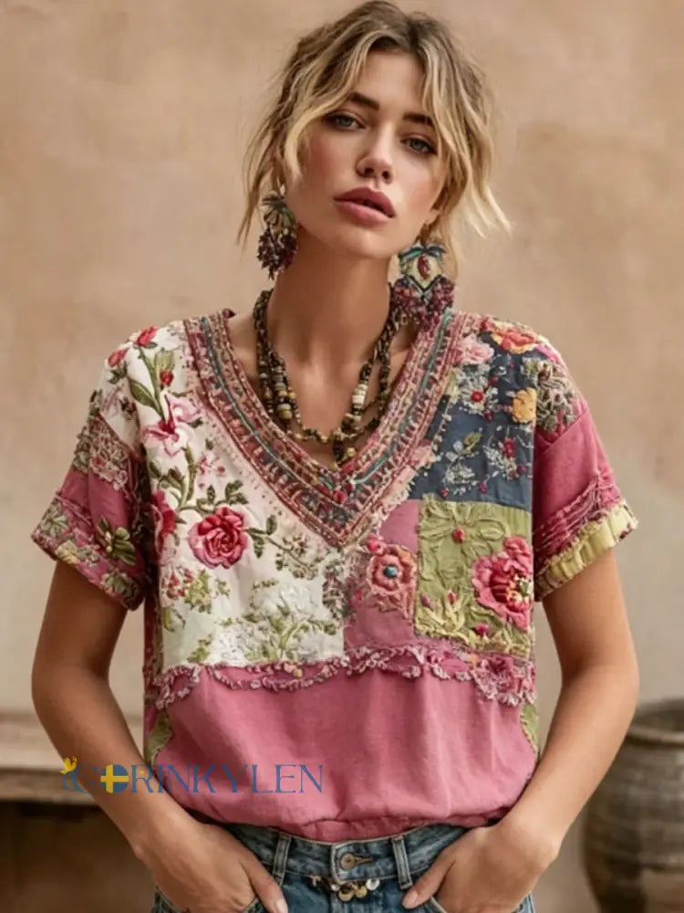Dams bohemisk broderad patchwork-t-shirt i linblandning med blommönster V-ringning och korta ärmar - runk / S