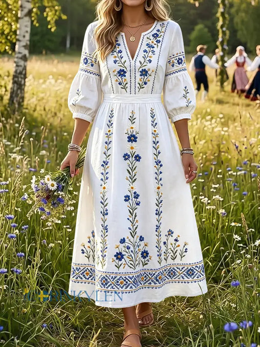 Dams kläder Vintage Svensk midsommar blommönstrad klänning - flerlog / S