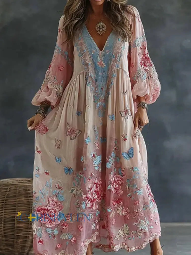Dams klänning i flödande linblandning med blommig och fjärilsartig konstprint ledig V-ringning maxi längd - runk / S