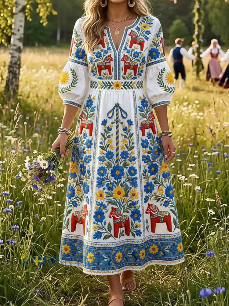 Dams klänning i vintagestil med svensk dalahäst och blommig brodyr konsttryck ledig stil - A / S