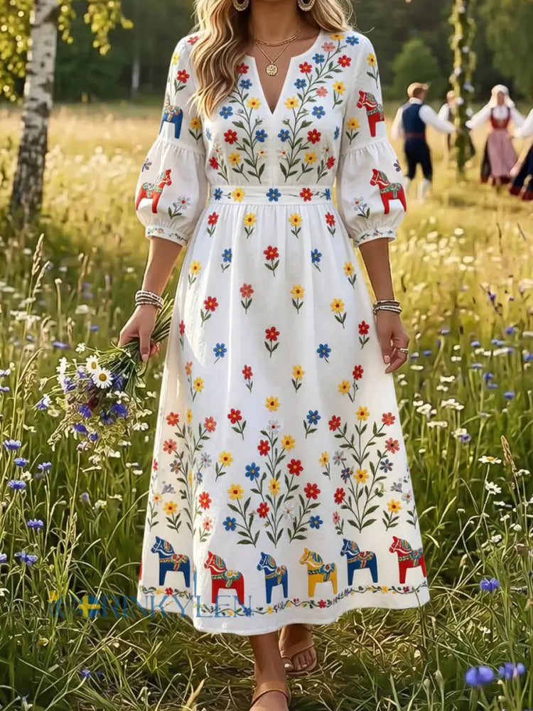 Dams klänning i vintagestil med svensk dalahäst och blommig brodyr konsttryck ledig stil - A / S