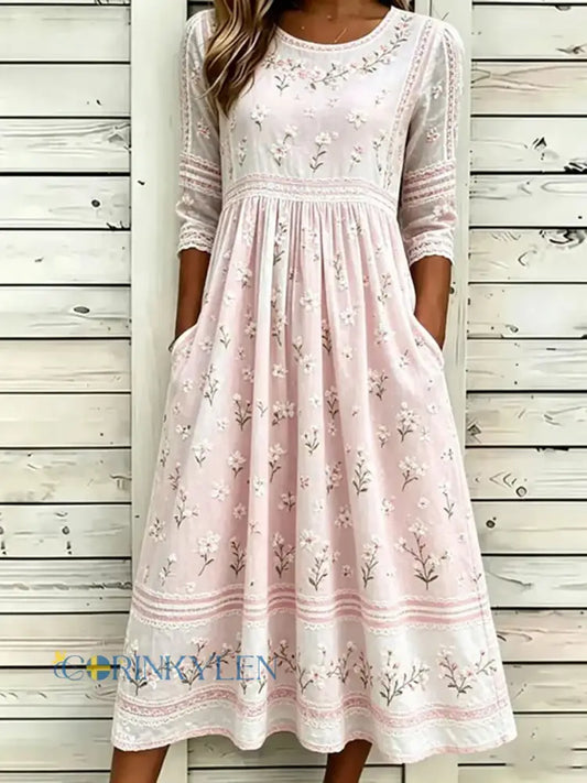 Dams klänning med blommönster ledig stil - runk / S