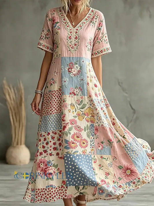 Dams klänning med blommönster ledig stil - runk / S