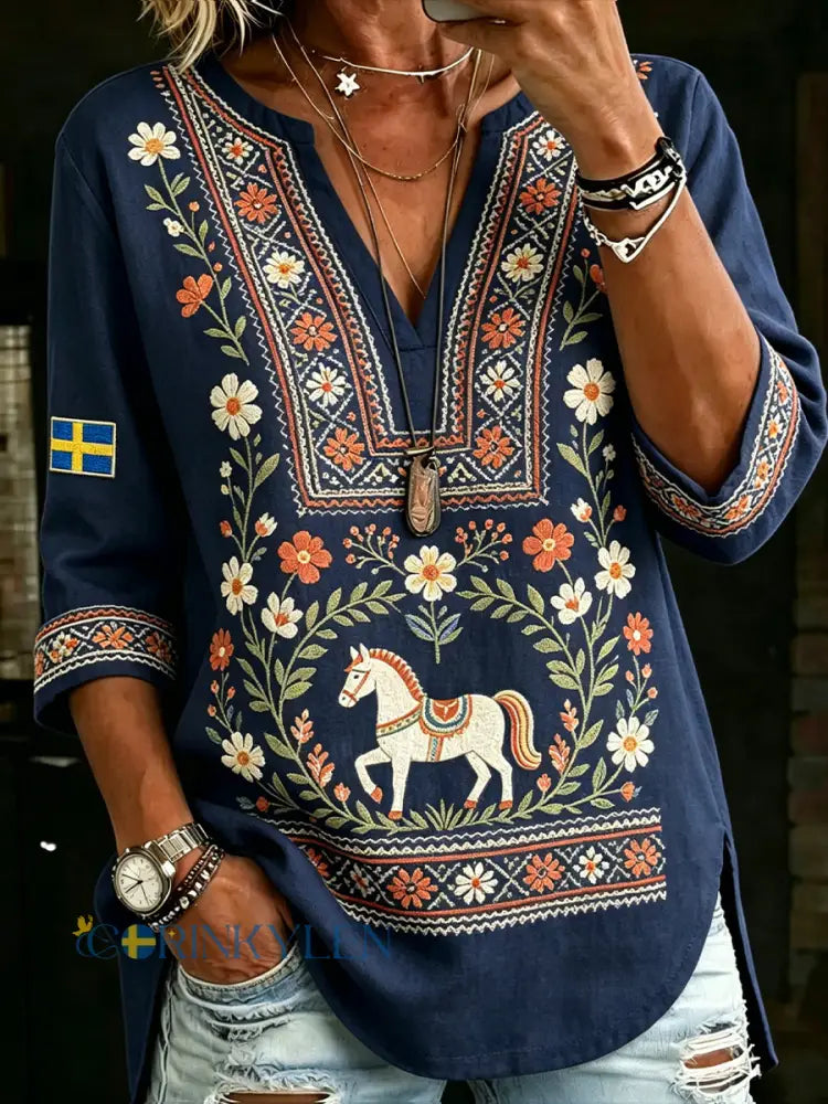 Dams midsommarfest etniskt tryckt avslappnad topp med V-ringning - A / S