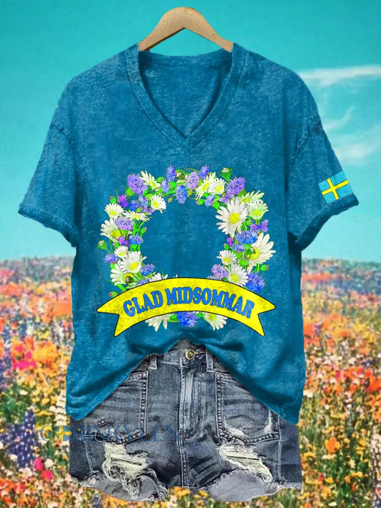 Dams midsommarprint t-shirt med v-ringning - blå / S