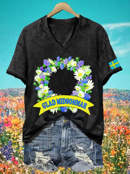 Dams midsommarprint t-shirt med v-ringning - svart / S