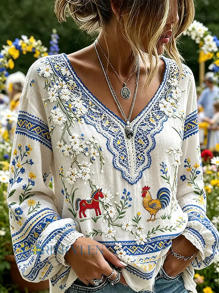 Dams Midsummer blommönstrad pastoral topp med V-ringning - A / S