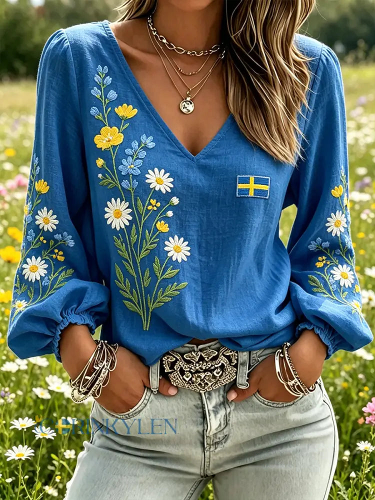 Dams midsummer-topp i linneimitation med blommönster och långa ärmar - A / S